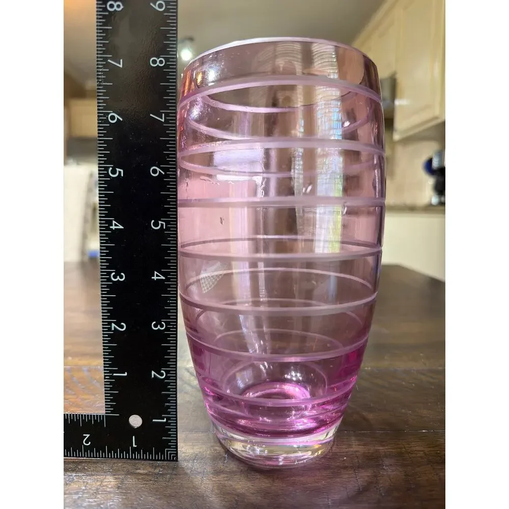 Rose Pink Glass Large Vase Etched Pink Stripes Bands 8